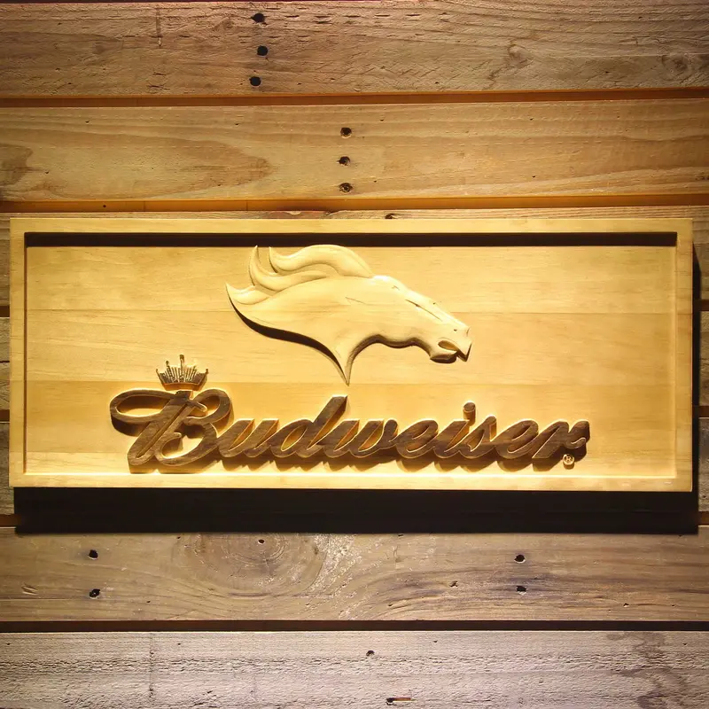 Denver Broncos Budweiser 3D Solid Wooden Craving Sign 1